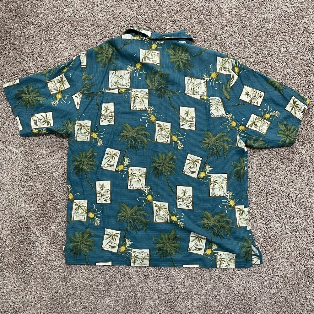 Bermuda Bay Shirt Mens Large Teal Blue Silk Tropical Palm Tree Button Down - Picture 6 of 10